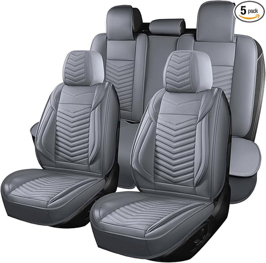 HChengkikz Nappa Leather Car Seat Covers Full Set, Gray Car seat Protector 5 Seats, Waterproof Car Seat Cushion, Universal Automotive Seat Covers Fit for SUV Truck Pick-up Sedan, Front and Rear | Easy Maintenance, Airbag Compatible, Universal Fit For M...