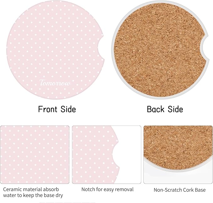 Cute Fashion Polka Dot Car Coasters 2 Pack for Cup Holders, 2.56 Inch Finger Notch Retro 70's Style Ceramics Heat Resistant Anti Slip Cork Base Car Drinks Coasters Auto Accessories-Pink