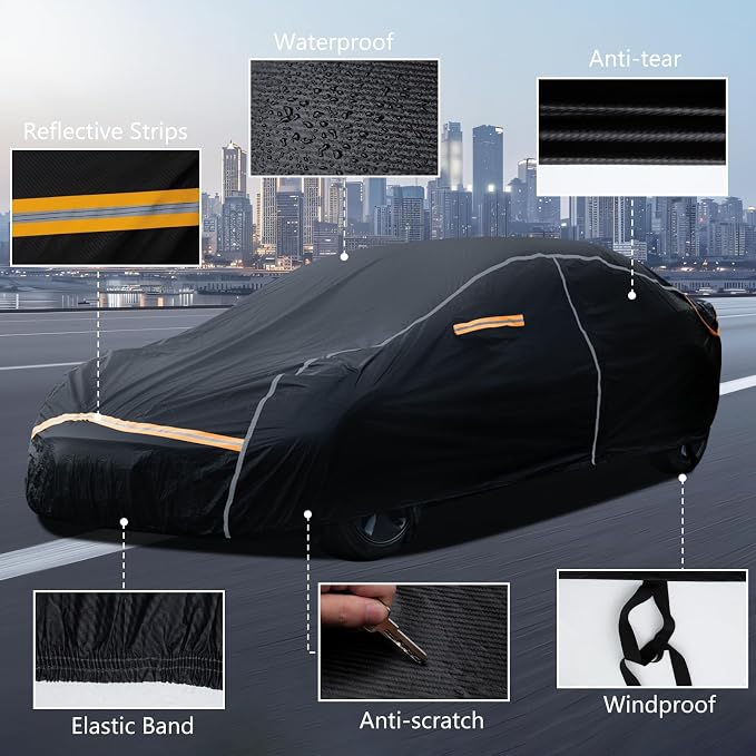 Car Cover Waterproof All Weather,6 Layers Car Covers for Automobiles, Full Exterior Cover with Zipper, Outdoor Car Cover Sun UV Rain Snow Wind Protection, Fit for 210"(210*74*59 inch)Sedan