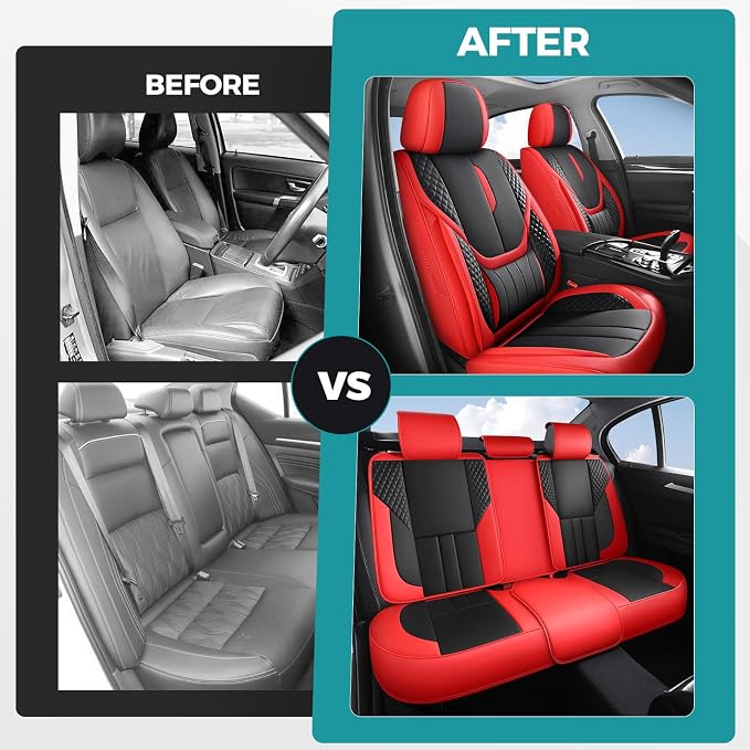 Universal Car Seat Covers for SUVs Sedans Trucks Redblack | universal fit, faux leather, waterproof, breathable, stain/scratch resistant, airbag compatible, anti-slip, easy install
