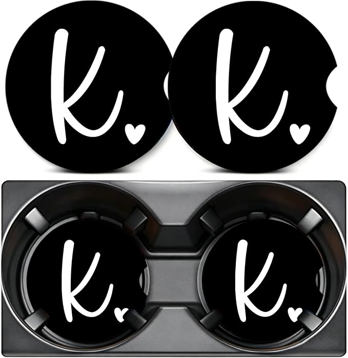 2PCS Letter K Car Cup Holder Coasters,Simple Initial Car Coasters Cars Accessories Interior Decor Universal Neoprene 2.75" Anti-Slip Rubber Mat with Finger Slot,Monogram Gifts for Women, Men, Driver