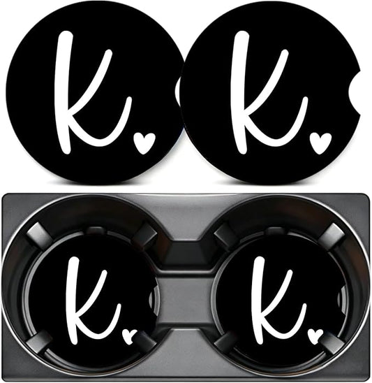 2PCS Letter K Car Cup Holder Coasters,Simple Initial Car Coasters Cars Accessories Interior Decor Universal Neoprene 2.75" Anti-Slip Rubber Mat with Finger Slot,Monogram Gifts for Women, Men, Driver