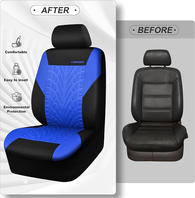 CAR PASS Car Seat Covers Two Front Only for Car, 3D Tyre Print Automotive Interior Covers, Airbag Compatible, Quick Setup Universal Fit Seat Covers for Car, Truck, SUV(Black and Blue)