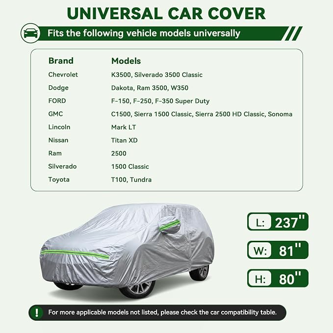 AUQDD 6-Layers Premium Truck Car Cover Waterproof All Weather Weatherproof UV Sun Protection Snow Dust Storm Resistant Outdoor Exterior Custom Form-Fit Full Padded Car Cover with Straps 213"-237" K14
