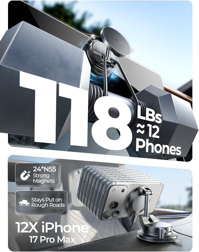 LISEN for 15W Magsafe Car Mount Charger, Magnetic Phone Holders for Your Car, Magnetic Wireless Car Charger, Suction Phone Mount for Car Accessories, Car Mount for iPhone 17 Pro Max 16 15 14 13 12 | [Lever Lock & Easiest Mount] Magsafe Car Mount Charge...
