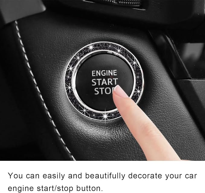 Car Bling Crystal Rhinestone Engine Start Ring Decals, Sparkling Diamond Car Push Start Button Ignition Ring Sticker, Auto Key Ignition Knob Ring Decoration for Women Girls (Black)