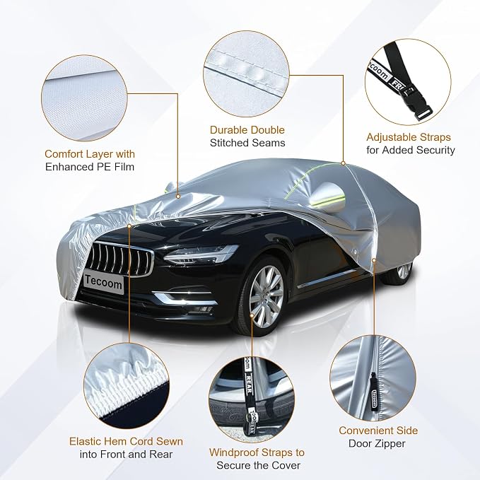 Tecoom Car Cover for Automobiles Waterproof, Windproof Sun Rain Snow Protection Fit for Tesla Model 3 Toyota Corolla 2000-2023 Honda Civic 1991-2023, Kia Stinger/Forte, Full Covers Sedan 170-190"