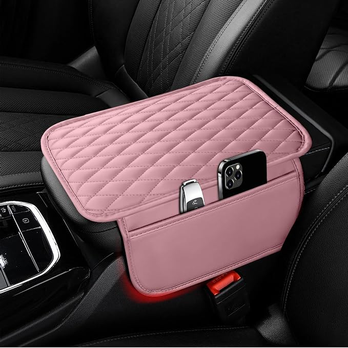 Ouzorp Car Center Console Cover, Upgraded Microfiber Leather Car Arm Rest Cover with 2 Storage Bags Universal Armrest Cover for Car Storage Box Car Interior Accessories Protector for Most Vehicle-Pink