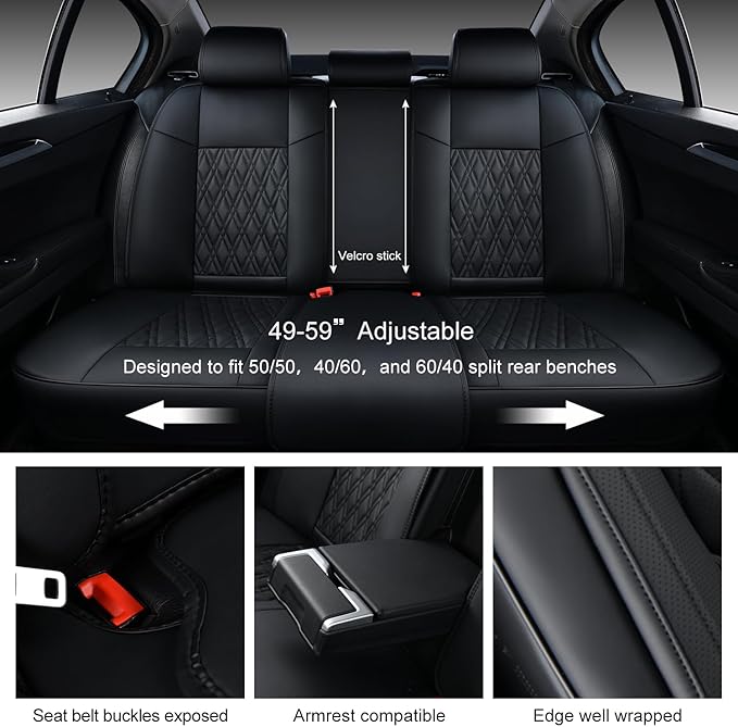 Black Car Seat Covers Full Set, Breathable Leather Automotive Front and Rear Seat Covers & Headrest, Universal Automotive Vehicle Seat Cover for Most Sedan SUV Pick-up Trucks