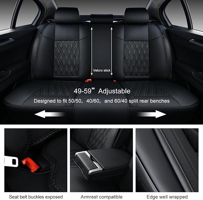 Car Seat Covers Full Set, Breathable Leather Automotive Front and Rear Seat Covers, Car Seat Protectors Full Set,Universal Automotive Vehicle Seat Cover for Most Sedan SUV Pick-up Trucks, Black