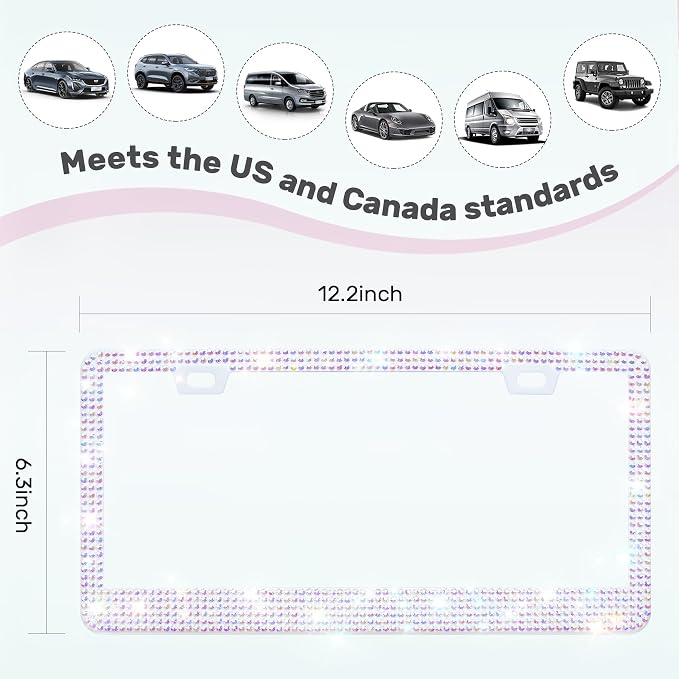 QUANQIUFEI 2 Pack Bling License Plate Frames, Sparkly Rhinestone Diamond Car License Plate Cover for Women, Stainless Steel Car Accessories with Glitter Crystal Caps (Crystal AB)