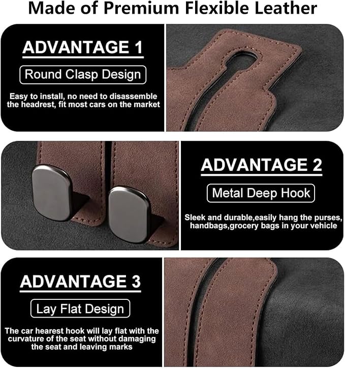 2 Pack Brown Leather Car Headrest Hooks Purse Bag Storage Holders for Car Seats