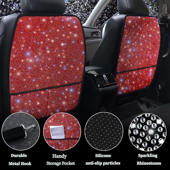 Luxury Bling Car Seat Back Protectors with Pockets – Sparkling Rhinestone Kick Mats, Universal Fit PU Leather Back Seat Covers for SUV Leather Seats, Diamond Protectors for Girls Red 2pcs