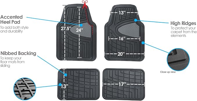 FH Group Premium Liners Tall Channel Trimmable All Weather Rubber Full Set Car Floor Mats (Gray) w. Trimmable All-Season Cargo Liner (Black) - Universal Fit for Cars Trucks and SUVs