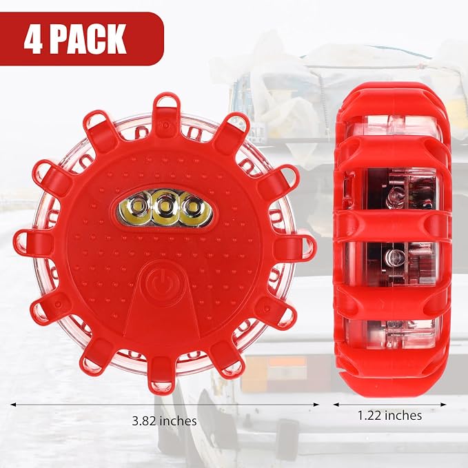 Tallew 4 Pack LED Road Flares Emergency Light Kit 9 Glow Modes Flashing Safety Warning Beacon Magnet Hook Vehicle Boat Truck Disc Magnetic Flash Cars Security Driveway Automotive Strobe(Red)