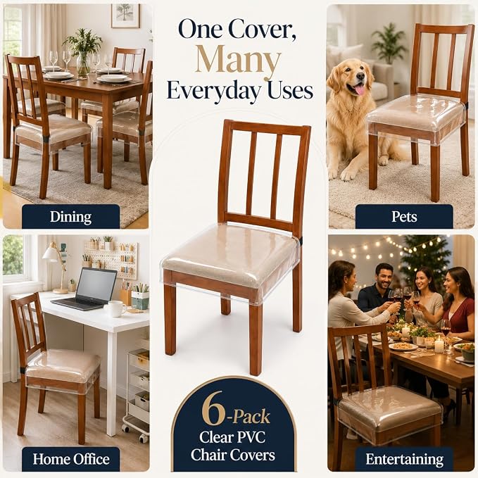 6 Pack Plastic Seat Covers for Dining Chairs, Plastic Chair Covers for Dining Chairs, Plastic Dining Chair Covers PVC Seat Protector, Waterproof Kitty Scratch Resistant for 22"- 23" Chair