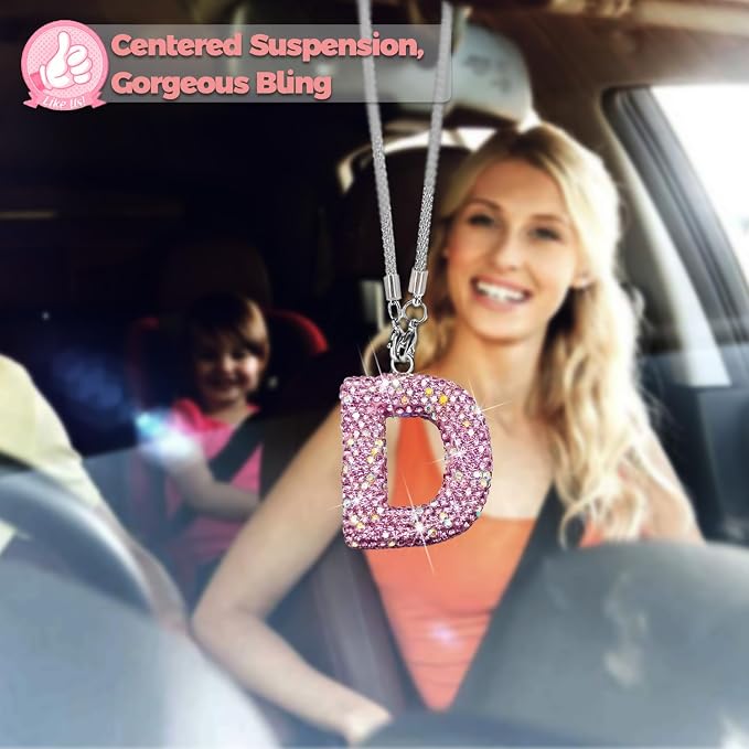 Bling Pink Car Accessories for Women Letter Charm, Rainbow Color Rear View Mirror Cute Crystal Pendant Car Decorations, Lucky Gifts Diamond Rhinestone Charm Letter D
