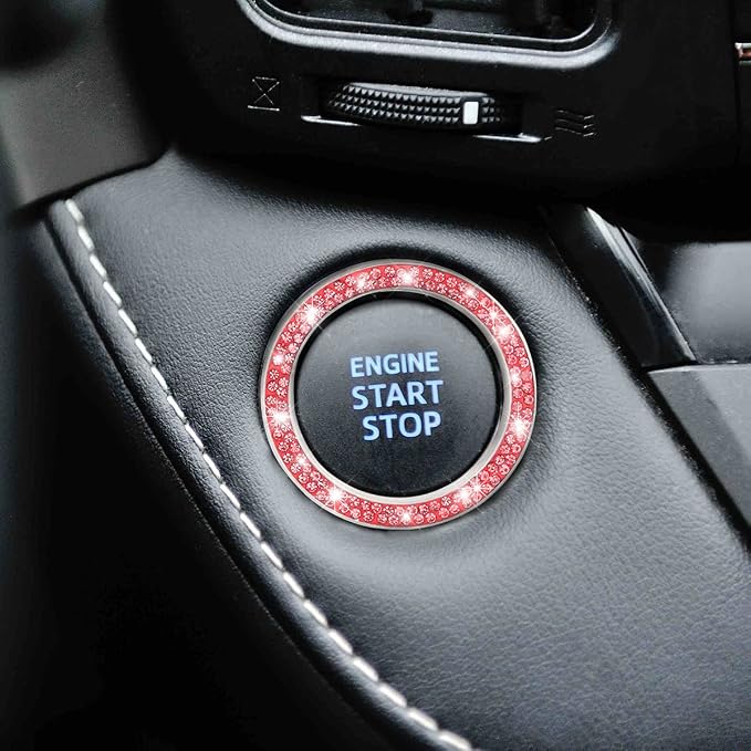 Car Bling Crystal Rhinestone Engine Start Ring Decals, 2 Pack Car Push Start Button Cover/Sticker, Key Ignition Knob Bling Ring, Sparkling Car Interior Accessories for Women (Red)
