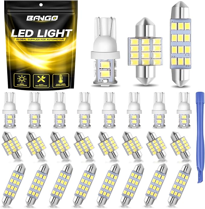 BANGO 24-Piece Interior Car Lights LED Bulb Kit, Non-Polarity Design with Removal Tool for Car Dome Map License Plate Door Trunk, Fits 194 T10 DE3175 578 - White