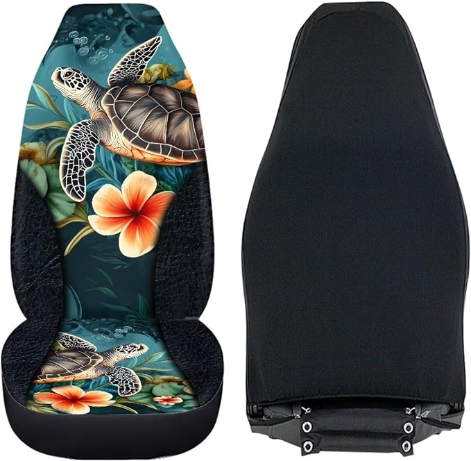 Hawaii Turtle Car Front Seat Cover Set Floral Automotive Car Interior Covers Full Wrapping Edge Seat Cover for Full Back and Seat Universal Fits Most Vehicles,Trucks,SUVs,Vans,Set of 2