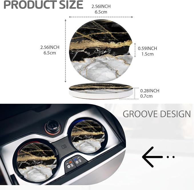 Cup Holder for Car,Black Gold Marble Print Ceramic Coasters Non-Slip Cup Holder Insert with Fingertip Grip, Auto Interior Accessories for Women & Men,Pack of 2, 2.56In