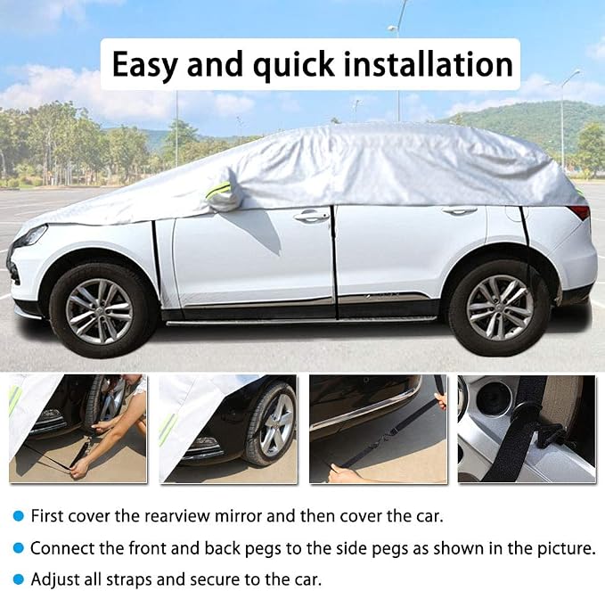Half Car Cover with Cotton All Weather Car Body Cover Sunshade Cover Snow Cover Waterproof Snowproof Universal (Fit Hatchback Length 158'' to 173'')