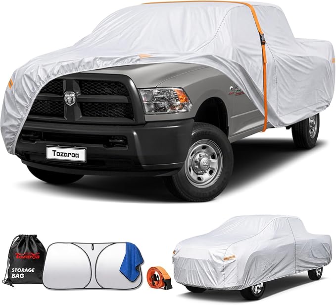 Truck Cover Waterproof All-Weather,Outdoor Pickup Covers(Length 243-250 inch) with Windshield Sun Shade Universal Fit Tacoma, Tundra, F-150, RAM 1500 etc,Size T6 (See Size Chart)
