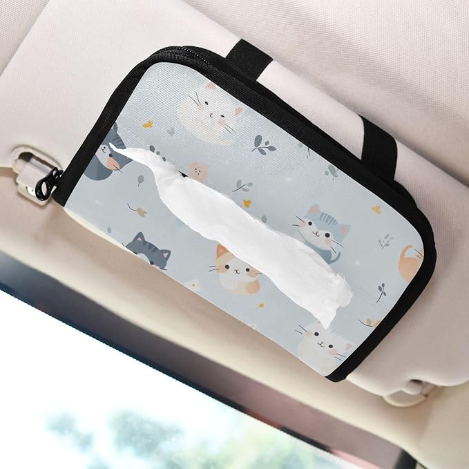 Car Tissue Holder Napkin Dispenser Box Storage Case Sun Visor Mask Holders with Adjustable Straps Reusable Refillable Cute Cats