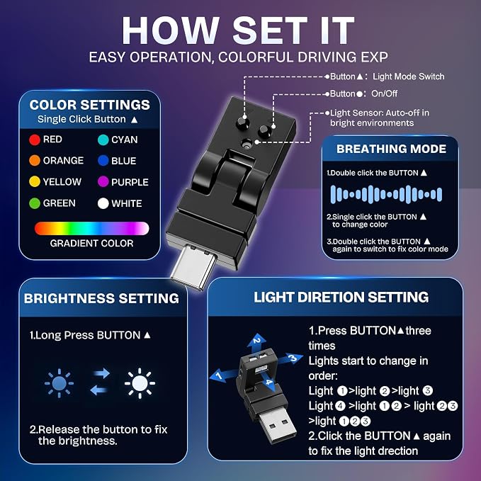 Frienda 2 Pcs Mini USB LED Light Car LED Interior Lighting 5v RGB Foldable Ambient Lighting Adjustable 8 Color and Brightness Smart USB Night Lamp for Cars Laptop Keyboard (Manual Switch Type-c)