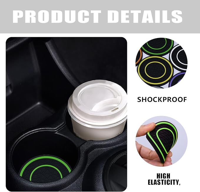 4 Pack Car Coasters for Cup Holder, 2.75 Inch Universal Auto Waterproof Coasters Silicon Insulation Cup Mats,No-Slip Anti Dust Insert Coaster for Woman Man, Suit for Vehicle Interior (Black/Green)