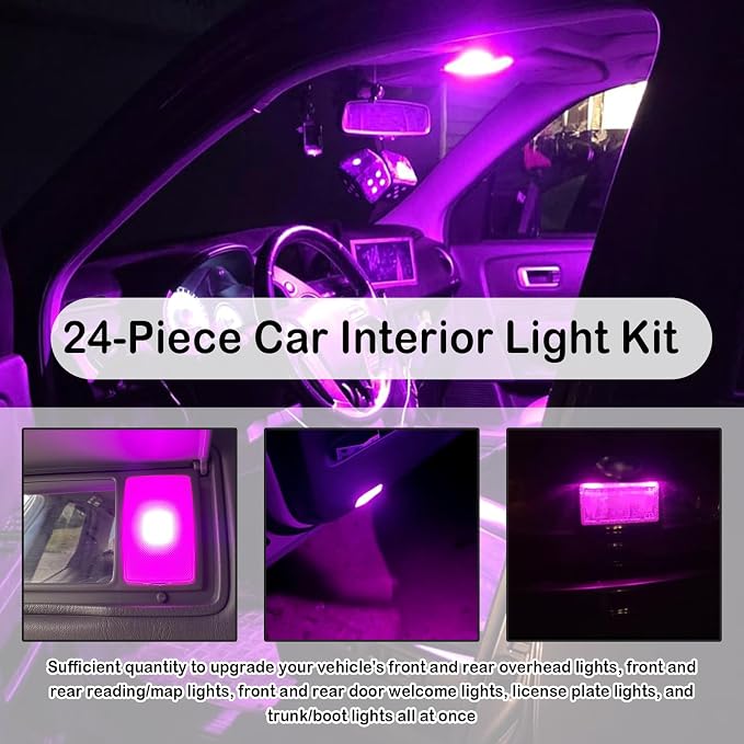24PCS Interior Car Lights LED Kit,Super Bright 6500K Interior Dome Light for Side Marker/Map/License/Trunk Light,Upgrade T10/31mm/42mm Car Lights Interiors Kit with Pry Tool (Purple)