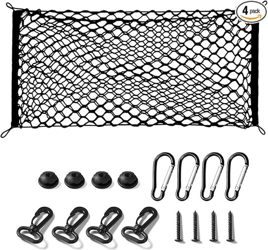 Truck Bed Cargo Net, Cargo Storage Elastic Mesh Bag (51 * 18In) | Organizer Net Bag Automotive Cargo Nets with 4 Buckles Screws Hooks Clips Trunk Storage Net for Pickup Truck Bed