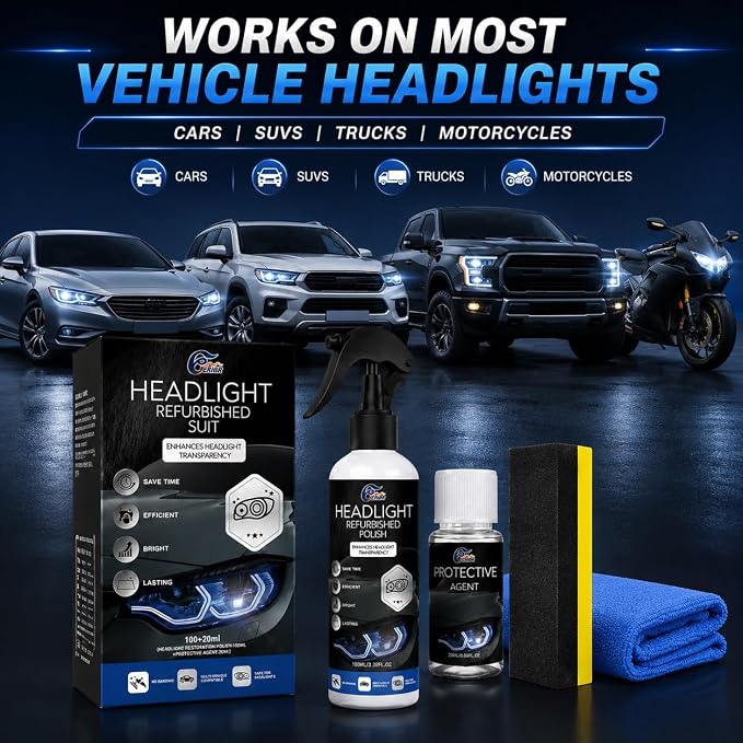 Automotive Headlight Restoration Kit - Fast & Easy Car Headlight Cleaner for Oxidized, Yellowed Headlamps - Refurbishing Fluid Restores Clarity & Brightness for All Vehicle Types