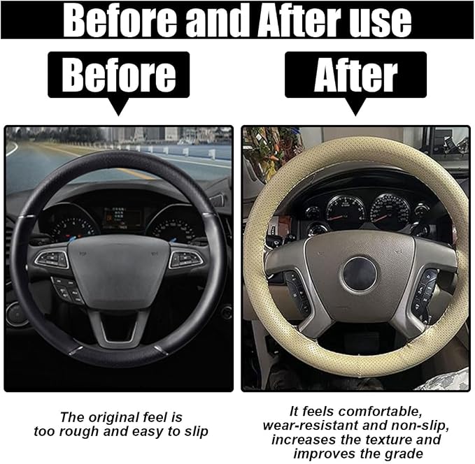 Car Genuine Leather Steering Wheel Cover, DIY Sewing with Needle and Thread, Breathable, and Anti-Slip, Universal 15 Inch Car Steering Wheel Stitching Wrap (Beige, Hole)