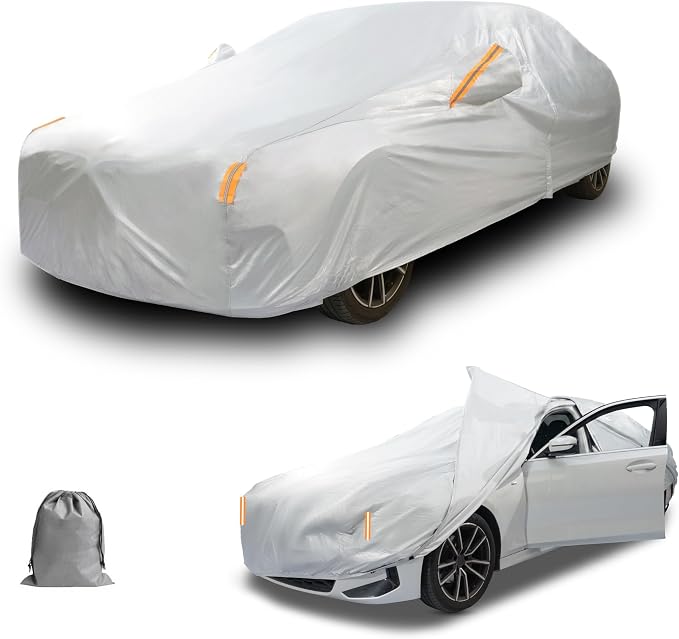Caromop 10-Layer Waterproof Car Cover All Weather Protection (Snow, Rain, Sun) with Secure Fit Straps and Easy On/Off Zipper-Size A4 (See Size-Chart)