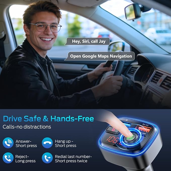 Bluetooth 5.4 Car Adapter Charging USB Bluetooth Adapter for Car,Wireless Fm Transmitter Radio,Handsfree Calling and Audio Receiver (Blue-48W)