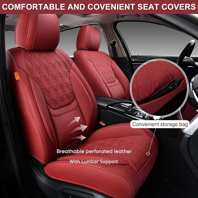 Car Seat Covers Full Set, Breathable Leather Automotive Front and Rear Seat Covers, Car Seat Protectors Full Set,Universal Automotive Vehicle Seat Cover for Most Sedan SUV Pick-up Trucks, Wine Red