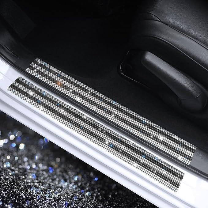 Luster Crystal Car Door Sill Plate Protectors, Bling Diamond Door Entry Guards Sill Scuff Cover Panel Step Protector Sticker with Sparkling Rhinestones Universal White & Black 2 Pcs