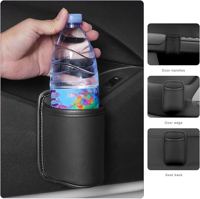 Large Car Door Cup Holders, Clip On Beverage Drink Holder Vehicle Door Storage Organizer, Scratch-Resistant Leather Water Bottle Hanging Holder for SUV Sedan Truck (Black)