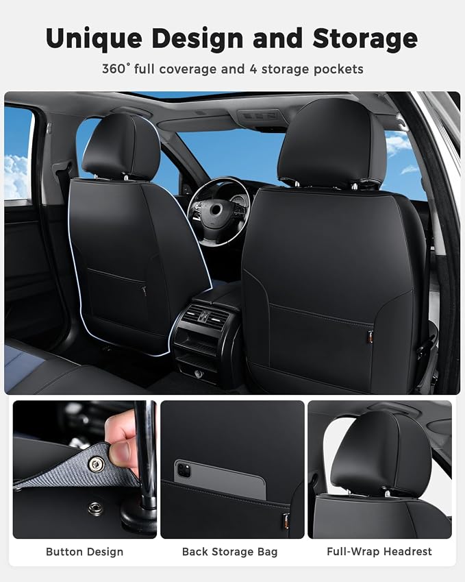 Huidasource Car Seat Covers, Universal Fit for Cars SUV Trucks, Black&Blue | Full Coverage Leather Seat Cover, Airbag, Cupholder Compatible, Seat Function Retain, Easy Install with Velcro