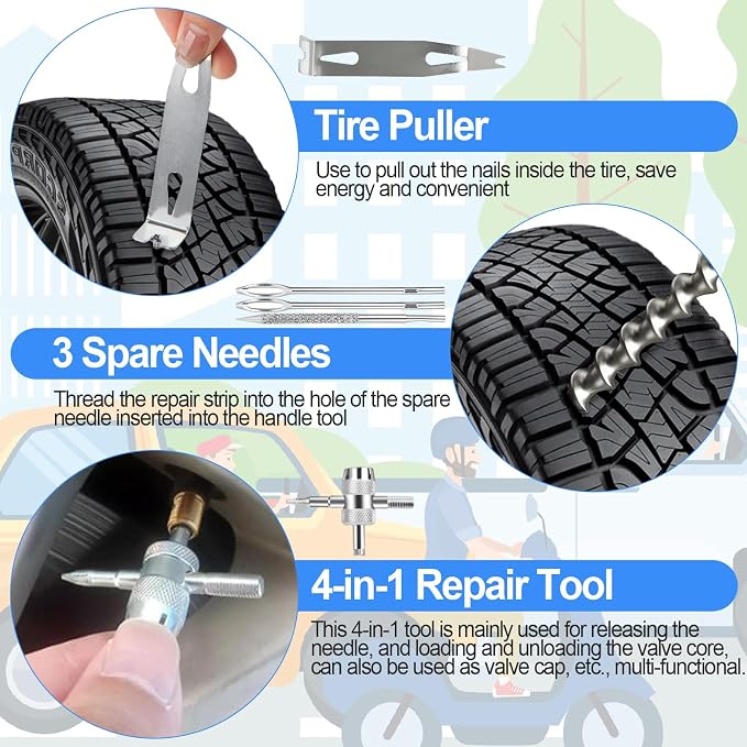 Tire Plug Kit, 95 PCS Tubeless Tire Repair Kit with Heavy-Duty Metal T-Handle Tools, Repair Strips, Screw-in Repair Plugs, Valve Core Tool, Caps & Storage Case for Car SUV Motorcycle ATV