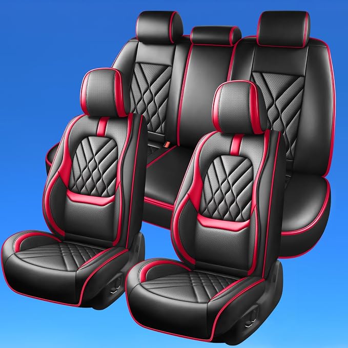 Fit Frontier Car Seat Covers Compatible with Nissan Frontier 2009-2025 2026-Premium Leather,Waterproof,Breathable,Airbag Compatible &All-Weather Seat Cushion Protecto(5 Seats Full Set,Red)