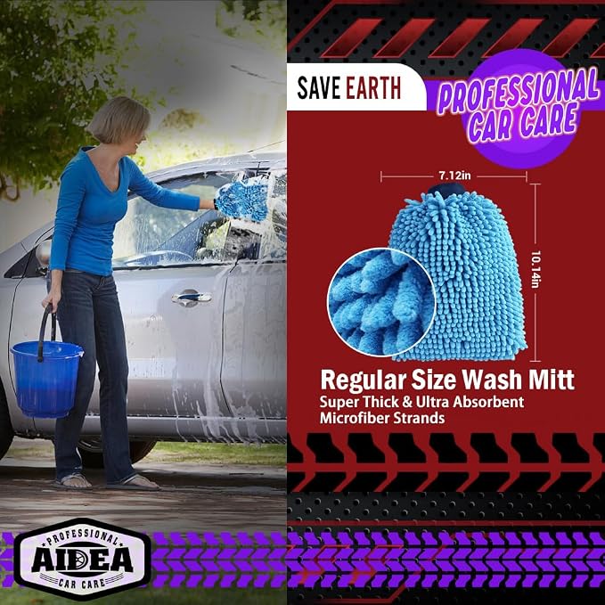 AIDEA Car Wash Mitt Microfiber, 2PK, Car Wash Brush, Blue, 7.12''X10.14'' | Scratch Free Lint Free Premium Chenille Microfiber Mitt, Cleaning Supplies, Regular Size