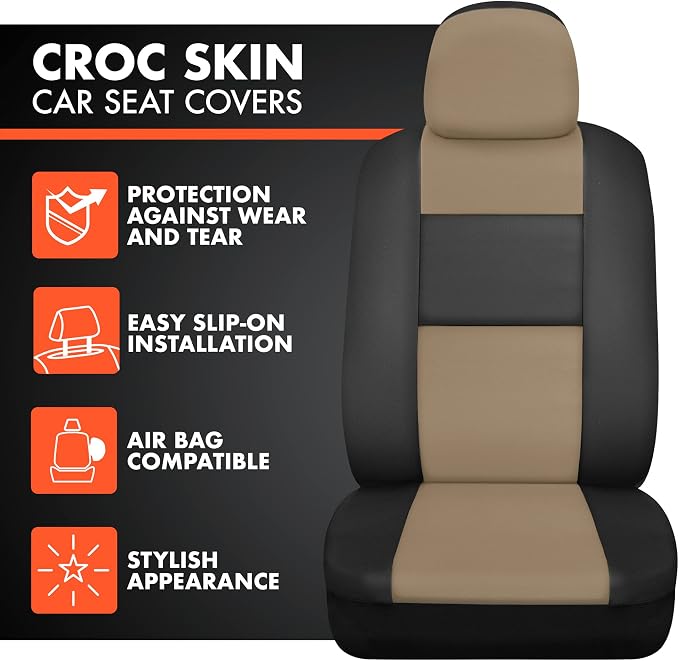 BDk Faux Leather Car Seat Cover Full Set - Front & Rear Split Bench Beige Seat Covers for SUV & Truck Seat Covers, Airbag Compatible - Interior Protective Seat Covers for Car Seats & Car Accessories