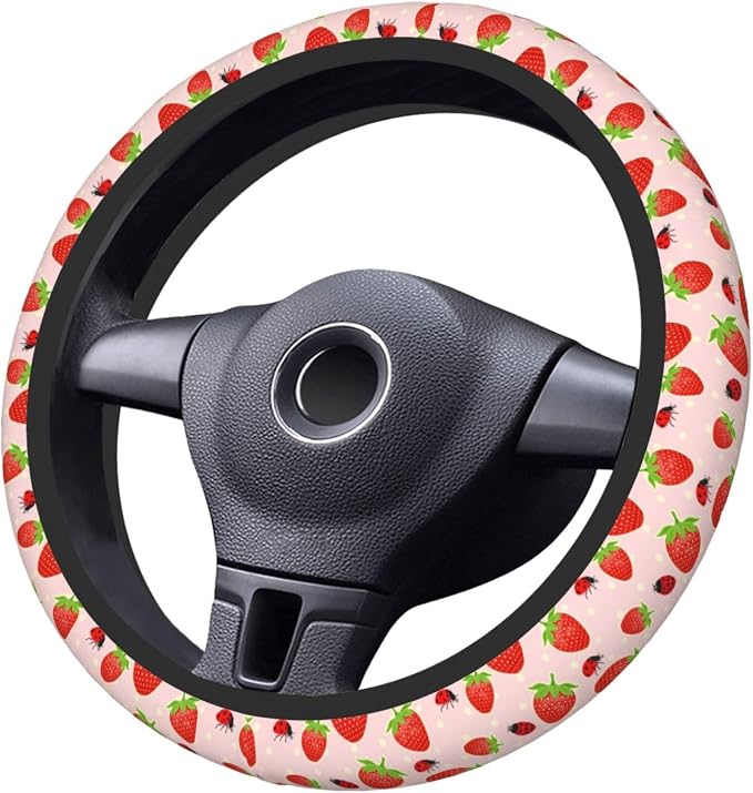 Strawberry Ladybugs Elastic Steering Wheel Cover Non-Slip Breathable Steering Wheel Protector Fit Auto, SUVs, Truck
