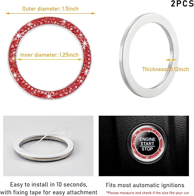 Kewucn 2 PCS Bling Crystal Double Rhinestone Car Engine Start Decoration Ring, Sparkling Push Start Button Sticker, Key Ignition & Knob Ring Decoration, Bling Car Interior Accessory(Red)
