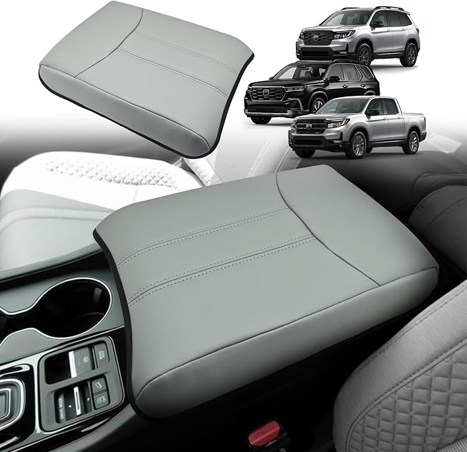 Muslogy Center Console Armrest Cover Fit for Honda Pilot 2023-2026, 2024-2026 Ridgeline/Passport Accessories, Comfort Armrest Pad Console Lid Cushion Vegan Leather Regular Thick (Gray)