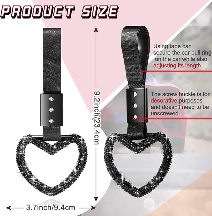 Fabbay Bling Car Accessories Bling Heart Handle Ring Car Accessory for Women Hand Strap Drift Charm Rear Bumper Warning Ring Decor for Auto Bus Interior Exterior Decoration (Black, Heart Style)