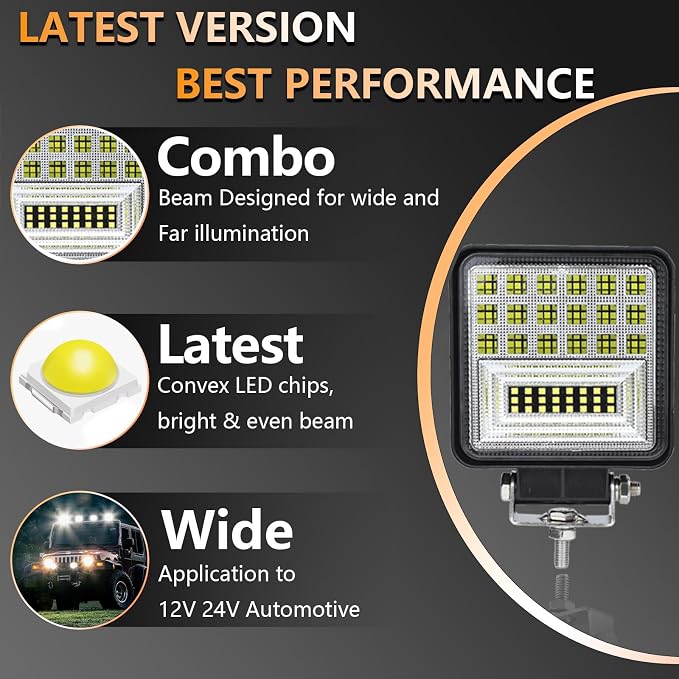 4 Inch LED Fog Lights, 10Pcs 12V 24V Square LED Work Light, 126W Spot Flood Combo Beam Off Road Waterproof Light Pods for Truck Tractor ATV UTV RV RZR Boat Pickup Golf Cart Trailer