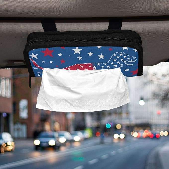 Car Visor Tissue Holder Mask Holder for Car, Car Tissue Box Sun Visor Napkin Holder Car Visor Accessories Adjustable Straps Reusable Durable Easy to Install July 4th T-rex and Us Flag Stars